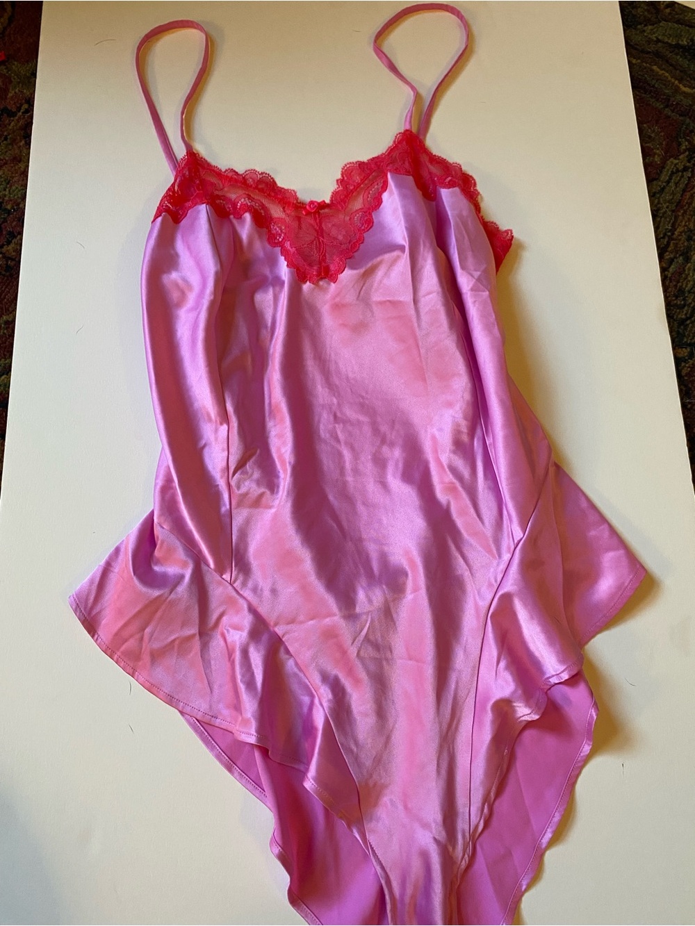 SKIMS Stretch Satin Lace Brief Bodysuit - Neon Orchid Pink w Red trim Size M